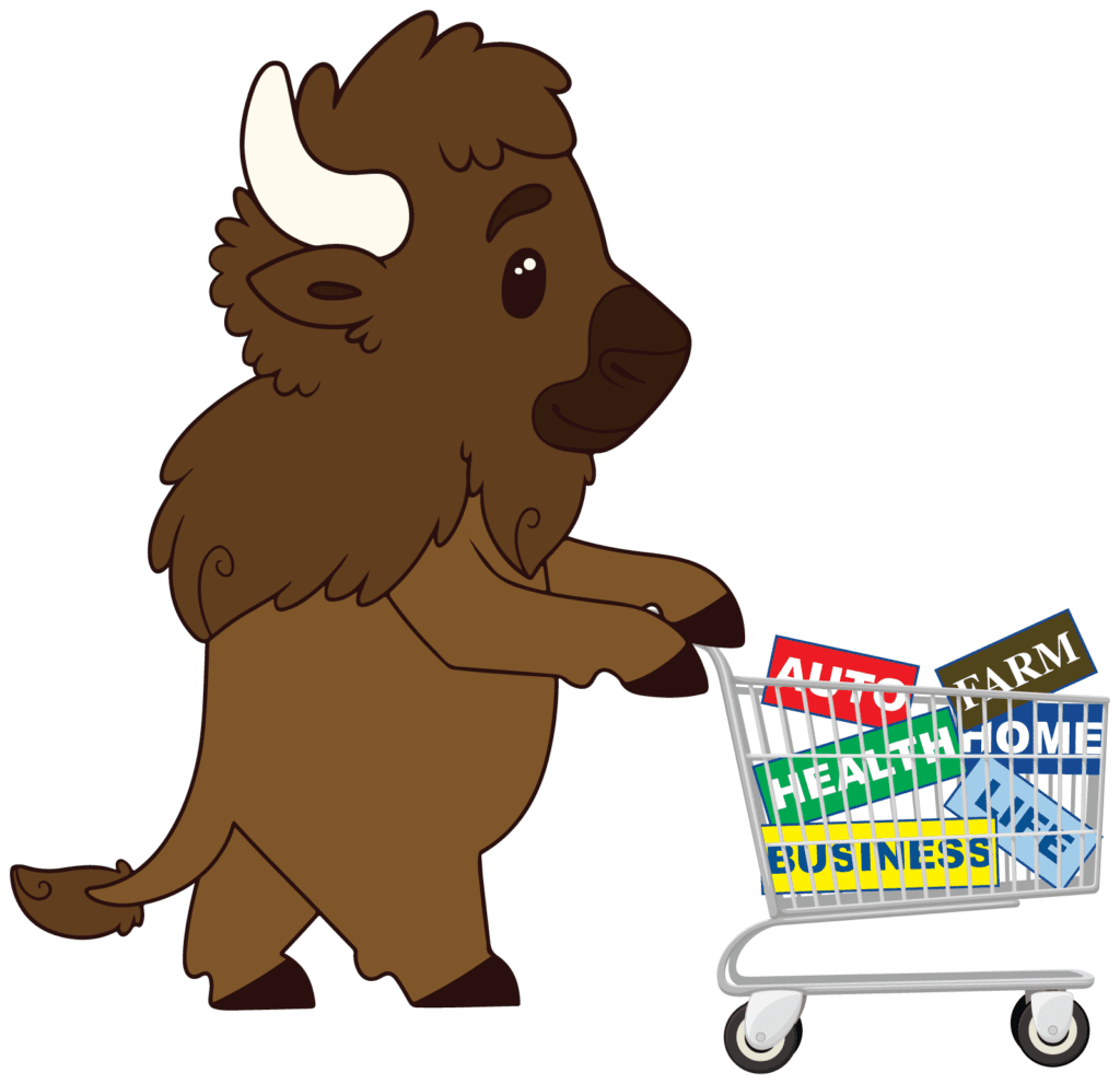 cartoon bison pushing a grocery cart